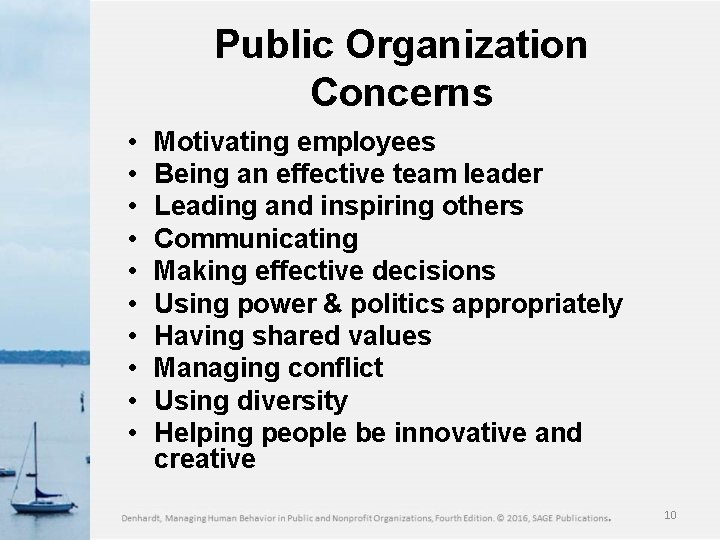 Public Organization Concerns • • • Motivating employees Being an effective team leader Leading