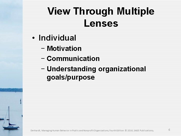 View Through Multiple Lenses • Individual − Motivation − Communication − Understanding organizational goals/purpose
