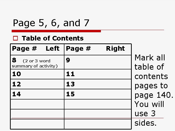 Page 5, 6, and 7 o Table of Contents Page # Left Page #