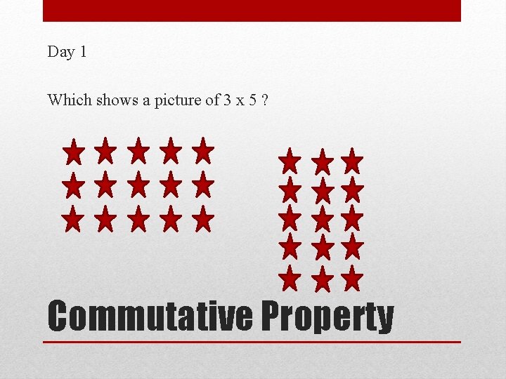 Day 1 Which shows a picture of 3 x 5 ? Commutative Property 