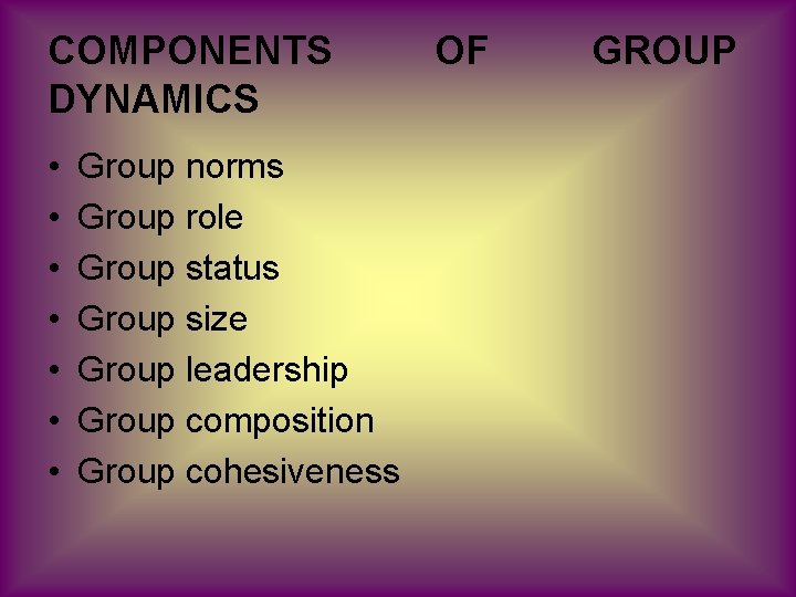 COMPONENTS DYNAMICS • • Group norms Group role Group status Group size Group leadership