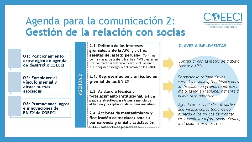 Agenda para la comunicación 2: Gestión de la relación con socias O 2: Fortalecer