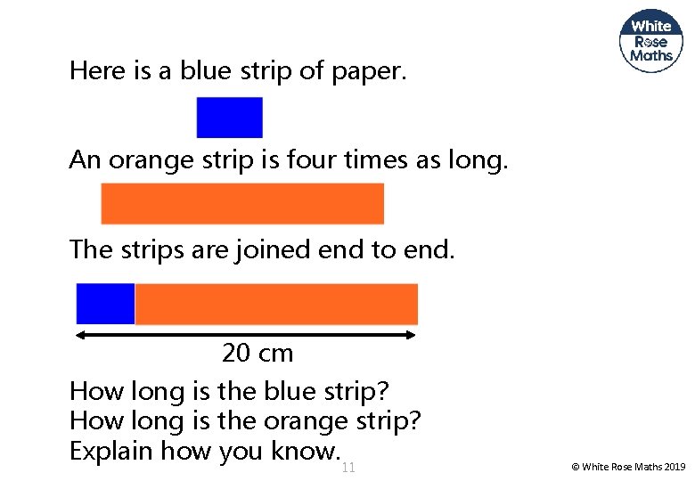 Here is a blue strip of paper. An orange strip is four times as