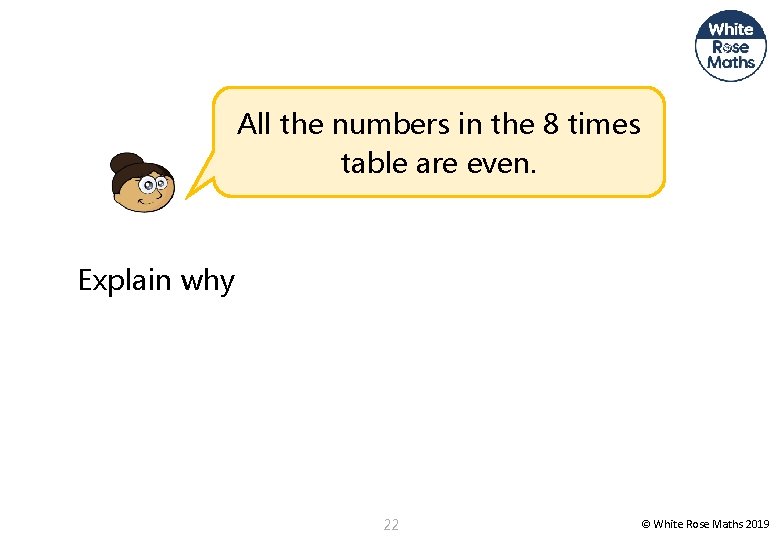 All the numbers in the 8 times table are even. Explain why 22 ©