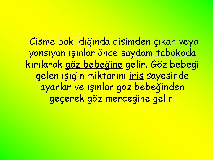 Cisme bakıldığında cisimden çıkan veya yansıyan ışınlar önce saydam tabakada kırılarak göz bebeğine gelir.