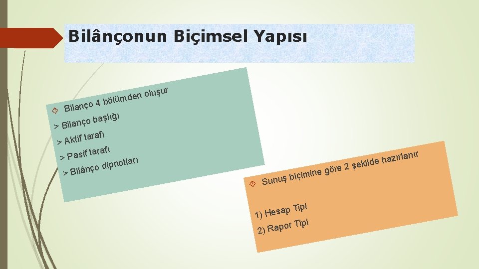 Bilânçonun Biçimsel Yapısı şur n olu lümde o 4 bö ç n a l