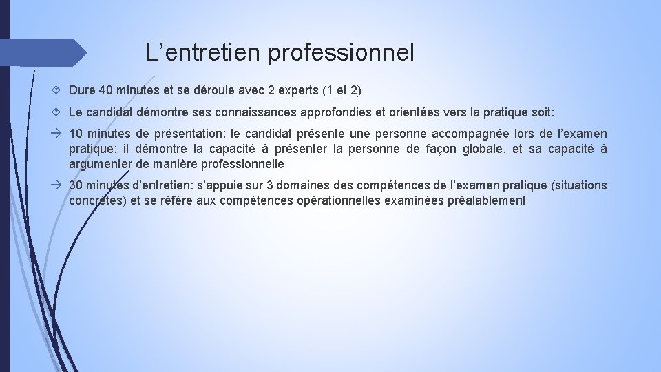 L’entretien professionnel Dure 40 minutes et se déroule avec 2 experts (1 et 2)