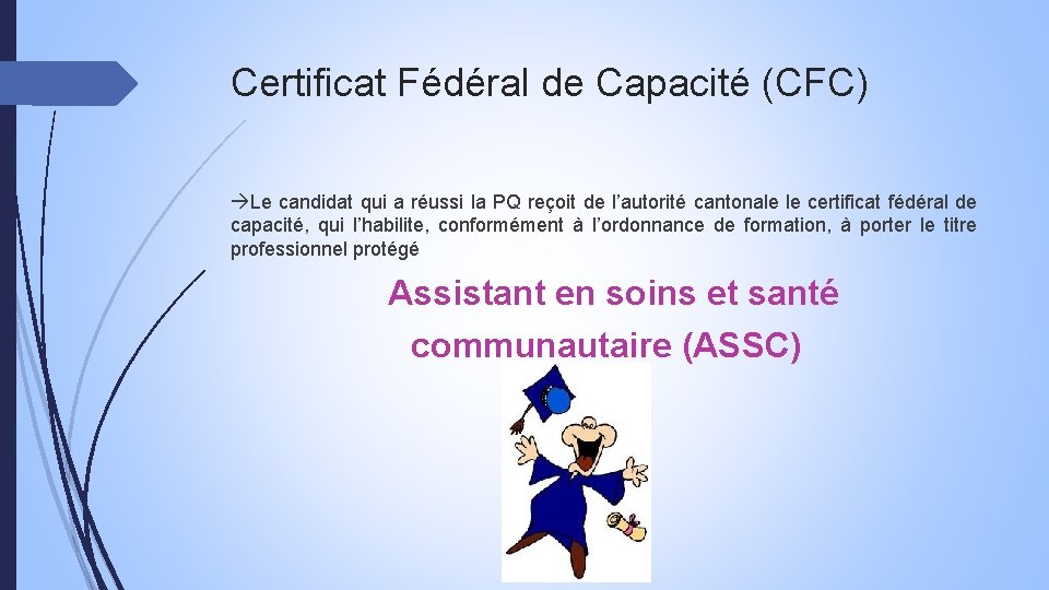 Certificat Fédéral de Capacité (CFC) Le candidat qui a réussi la PQ reçoit de