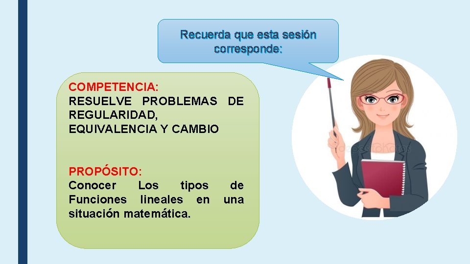 Recuerda que esta sesión corresponde: COMPETENCIA: RESUELVE PROBLEMAS DE REGULARIDAD, EQUIVALENCIA Y CAMBIO PROPÓSITO: