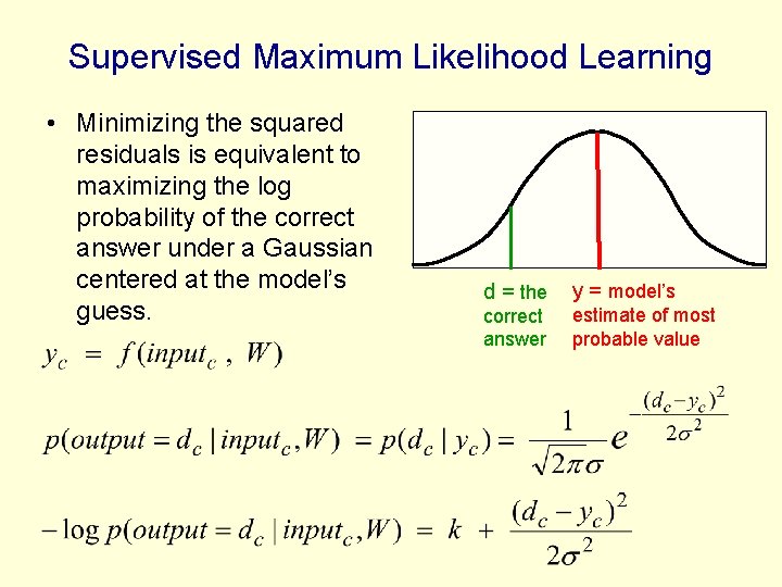 Supervised Maximum Likelihood Learning • Minimizing the squared residuals is equivalent to maximizing the