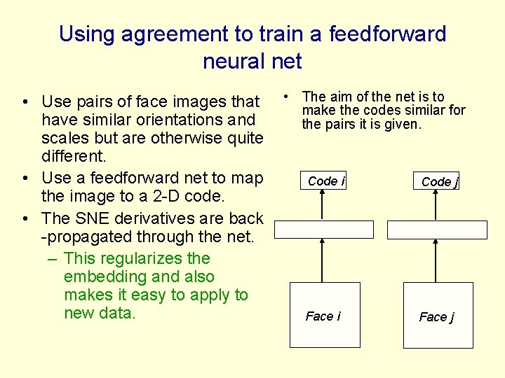 Using agreement to train a feedforward neural net • Use pairs of face images