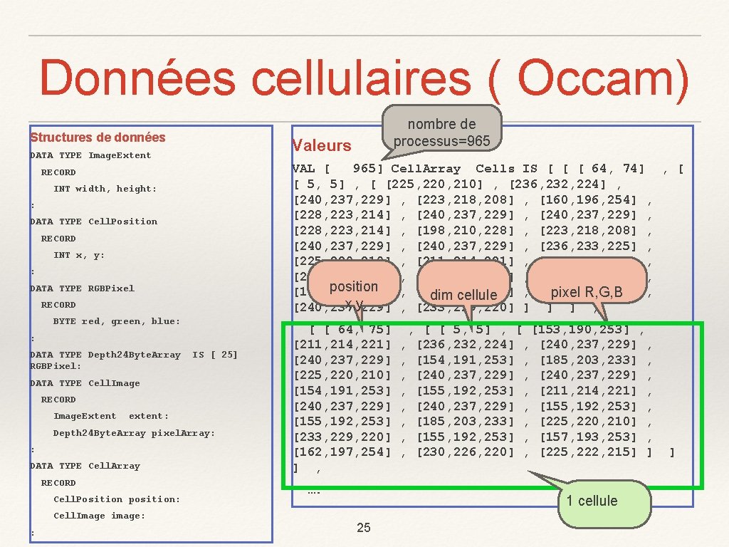 Données cellulaires ( Occam) Structures de données Valeurs DATA TYPE Image. Extent VAL [