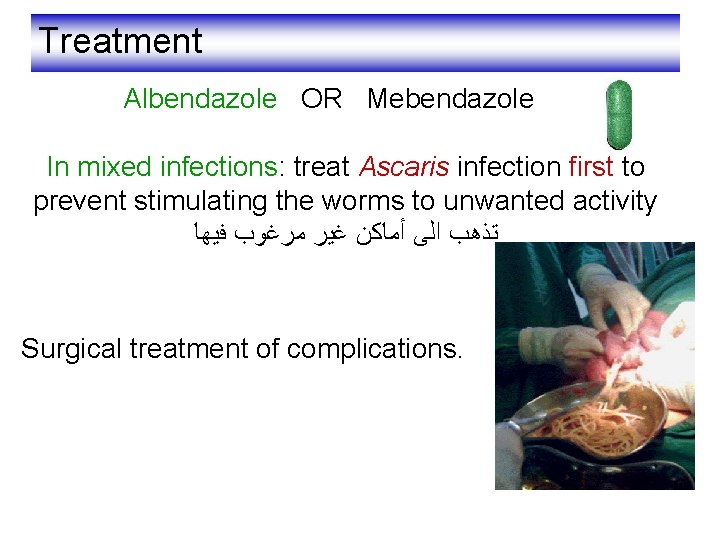 Treatment Albendazole OR Mebendazole In mixed infections: treat Ascaris infection first to prevent stimulating