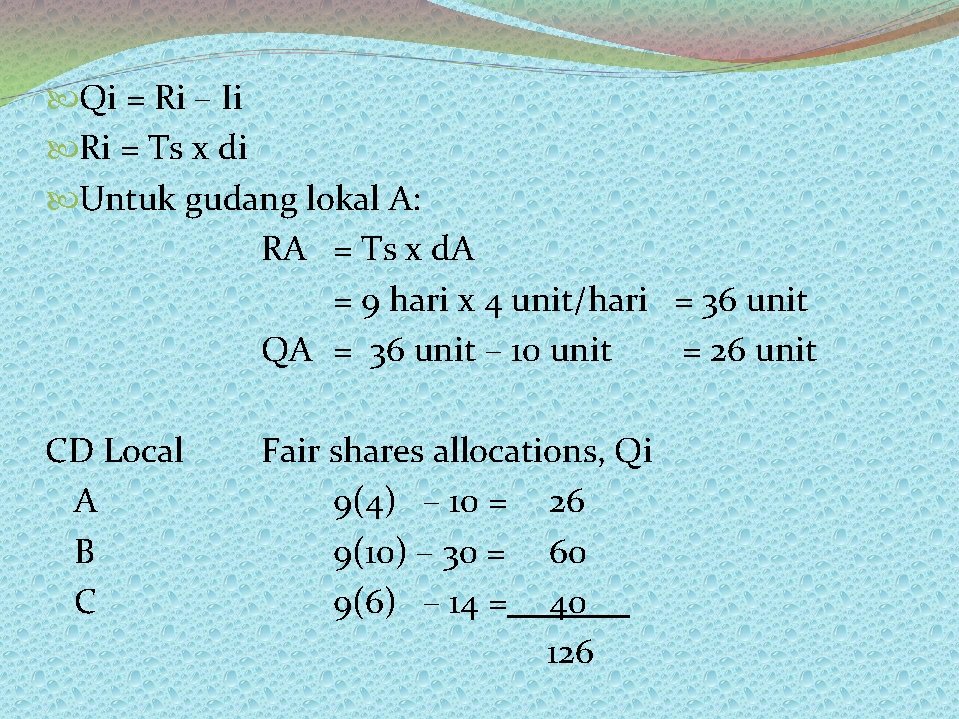  Qi = Ri – Ii Ri = Ts x di Untuk gudang lokal