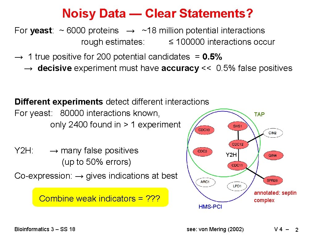 Noisy Data — Clear Statements? For yeast: ~ 6000 proteins → ~18 million potential