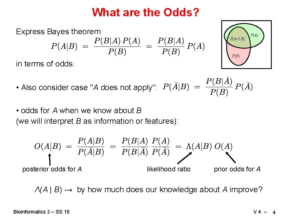 What are the Odds? Express Bayes theorem P(A ⋂ B) P(A) P(B) in terms