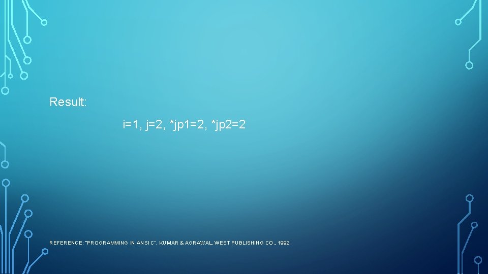 Result: i=1, j=2, *jp 1=2, *jp 2=2 REFERENCE: “PROGRAMMING IN ANSI C”, KUMAR &
