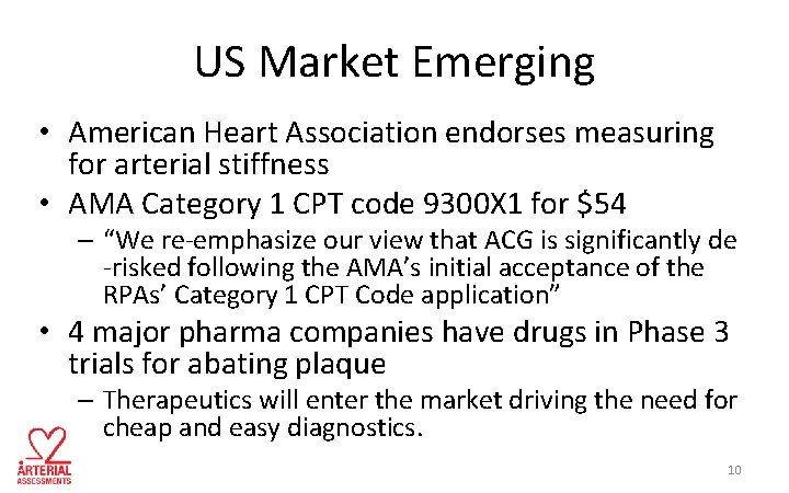 US Market Emerging • American Heart Association endorses measuring for arterial stiffness • AMA