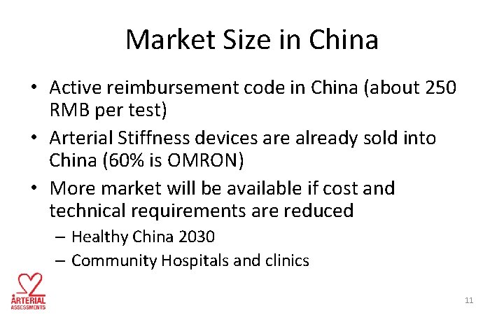 Market Size in China • Active reimbursement code in China (about 250 RMB per