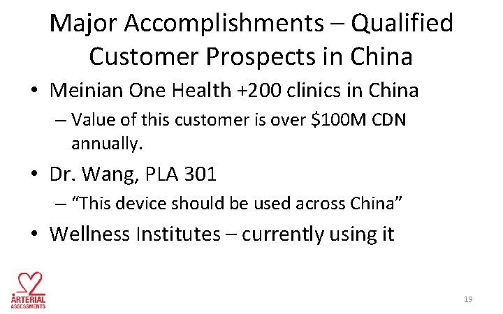 Major Accomplishments – Qualified Customer Prospects in China • Meinian One Health +200 clinics