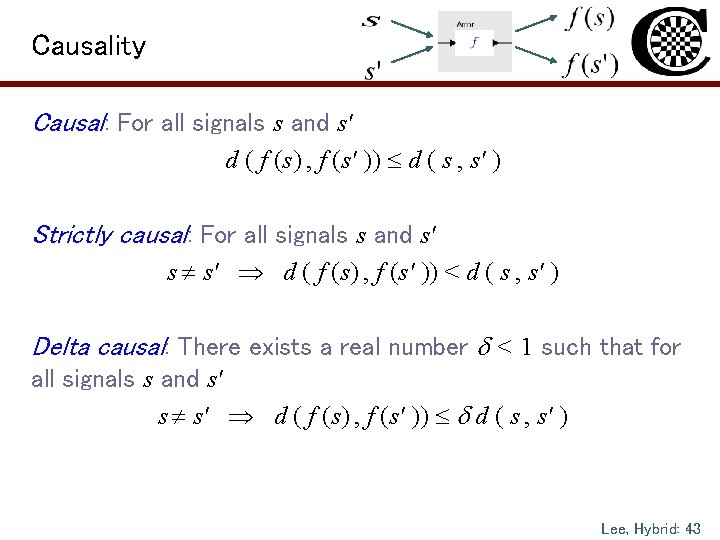 Causality Causal: For all signals s and s' d ( f (s) , f
