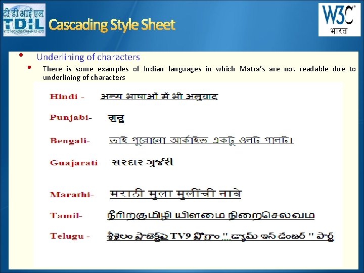 Cascading Style Sheet • • Underlining of characters There is some examples of Indian