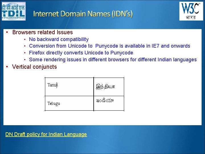  • Browsers related Issues • • No backward compatibility Conversion from Unicode to