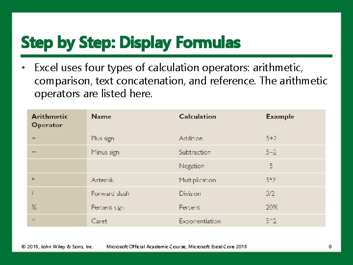 Step by Step: Display Formulas • Excel uses four types of calculation operators: arithmetic,
