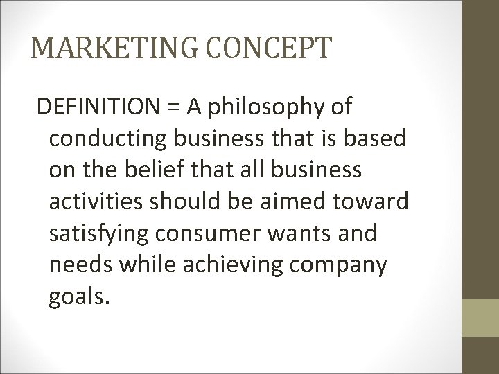 MARKETING CONCEPT DEFINITION = A philosophy of conducting business that is based on the
