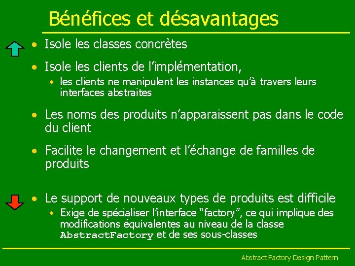 Bénéfices et désavantages • Isole les classes concrètes • Isole les clients de l’implémentation,
