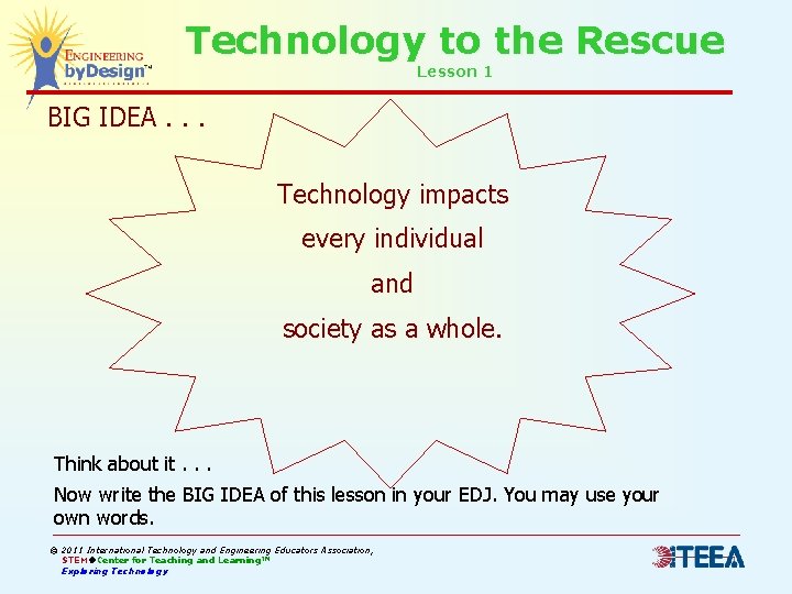 Technology to the Rescue Lesson 1 BIG IDEA. . . Technology impacts every individual