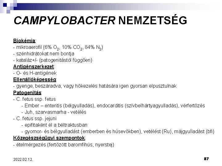 CAMPYLOBACTER NEMZETSÉG Biokémia: - mikroaerofil (6% O 2, 10% CO 2, 84% N 2)