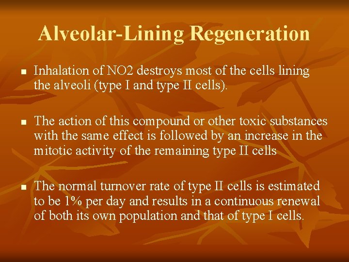 Alveolar-Lining Regeneration n Inhalation of NO 2 destroys most of the cells lining the