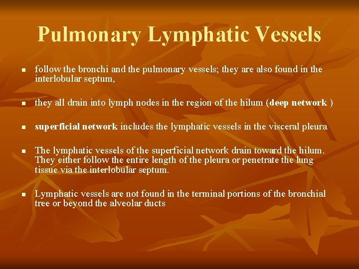 Pulmonary Lymphatic Vessels n follow the bronchi and the pulmonary vessels; they are also