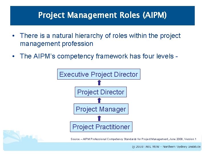 Project Management Roles (AIPM) • There is a natural hierarchy of roles within the