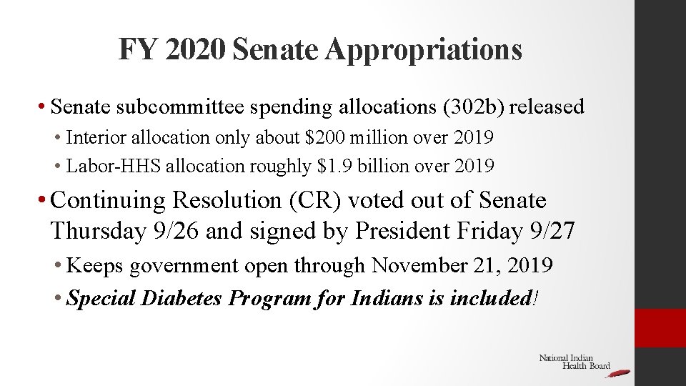 FY 2020 Senate Appropriations • Senate subcommittee spending allocations (302 b) released • Interior