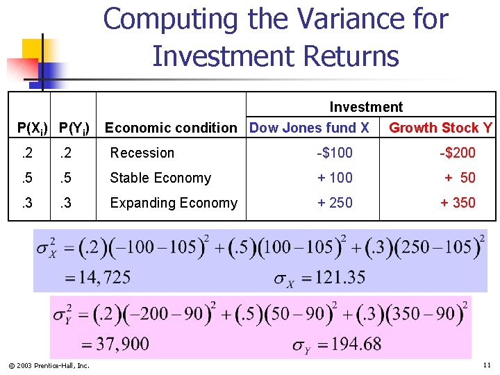 Computing the Variance for Investment Returns P(Xi) P(Yi) Investment Economic condition Dow Jones fund