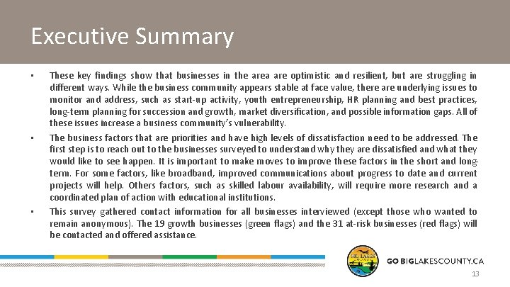 Executive Summary • • • These key findings show that businesses in the area