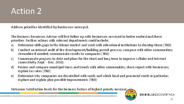 Action 2 Address priorities identified by businesses surveyed. The Business Resources Advisor will first