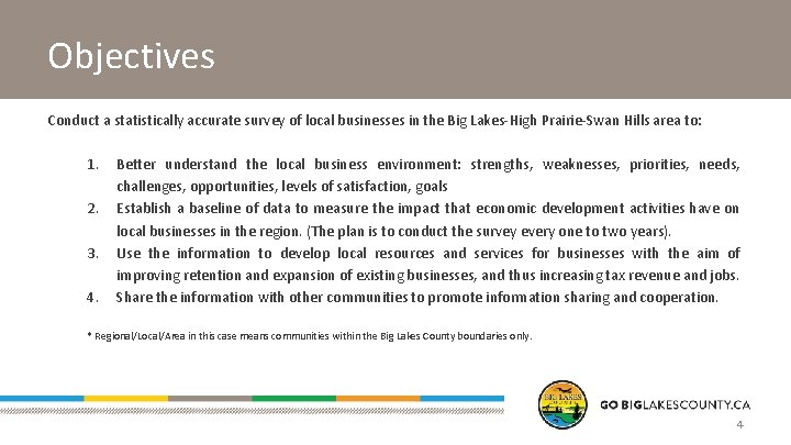 Objectives Conduct a statistically accurate survey of local businesses in the Big Lakes-High Prairie-Swan