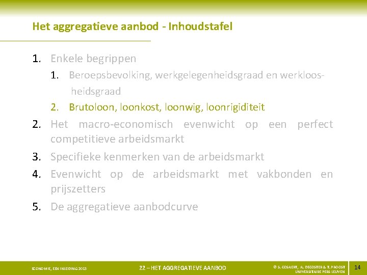 Het aggregatieve aanbod - Inhoudstafel 1. Enkele begrippen 1. Beroepsbevolking, werkgelegenheidsgraad en werkloosheidsgraad 2.