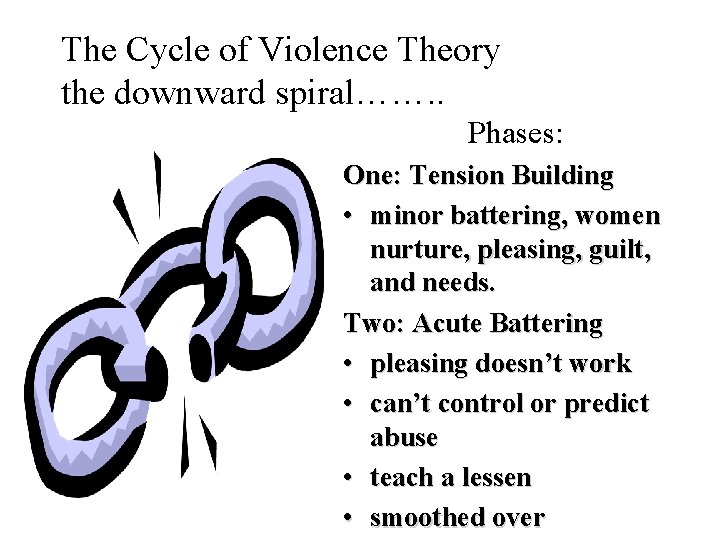The Cycle of Violence Theory the downward spiral……. . Phases: One: Tension Building •