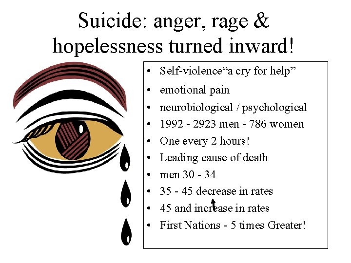 Suicide: anger, rage & hopelessness turned inward! • Self-violence“a cry for help” • •