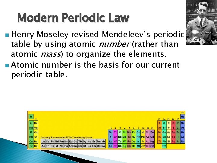 Modern Periodic Law Henry Moseley revised Mendeleev’s periodic table by using atomic number (rather