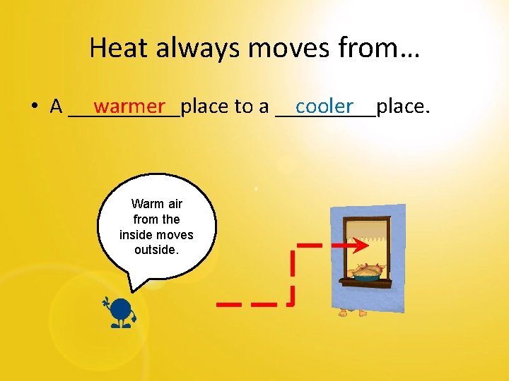 Heat always moves from… • A _____place to a _____place. warmer cooler Warm air