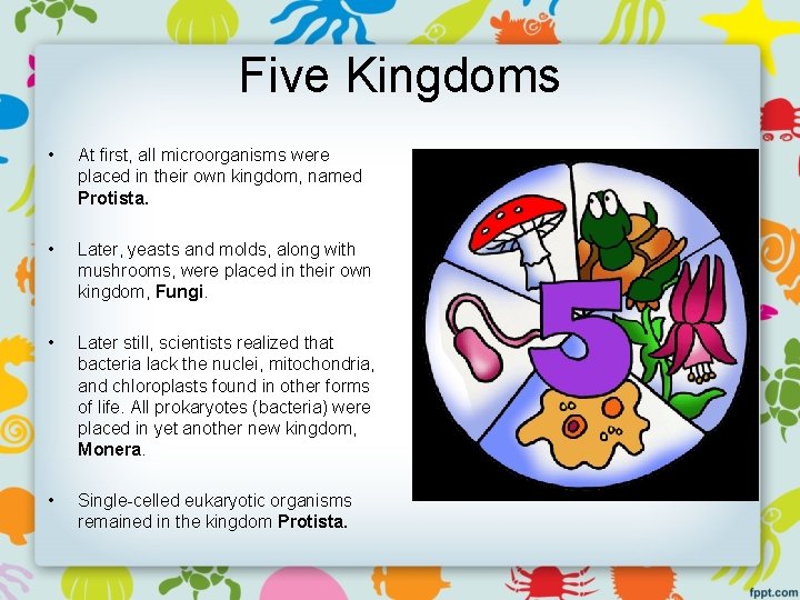 Five Kingdoms • At first, all microorganisms were placed in their own kingdom, named