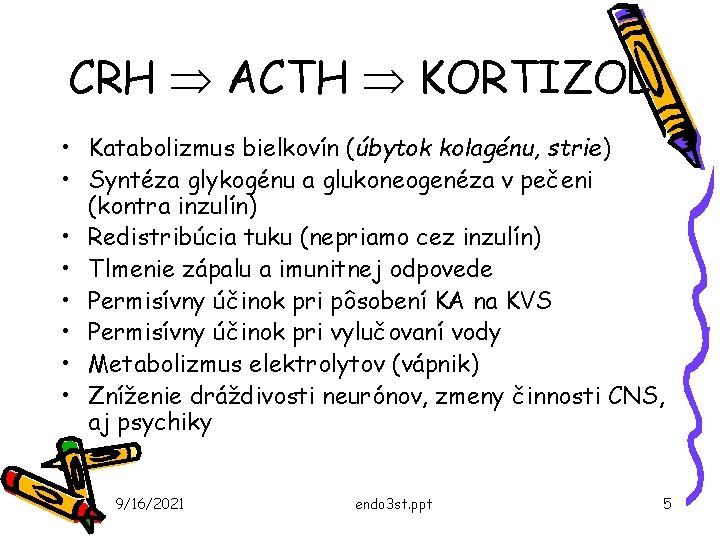 CRH Þ ACTH Þ KORTIZOL • Katabolizmus bielkovín (úbytok kolagénu, strie) • Syntéza glykogénu