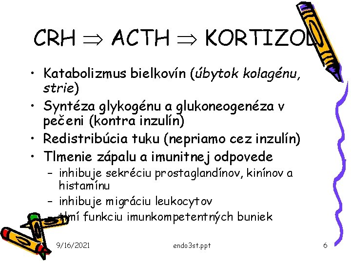 CRH Þ ACTH Þ KORTIZOL • Katabolizmus bielkovín (úbytok kolagénu, strie) • Syntéza glykogénu