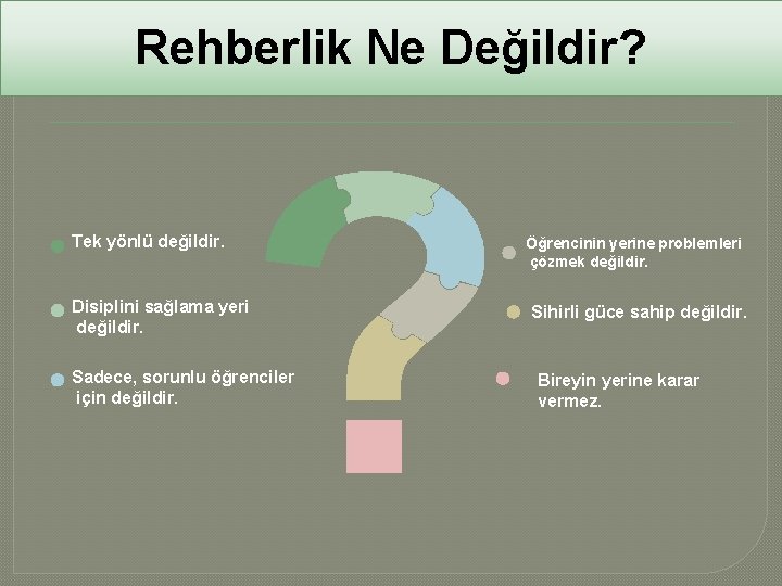 Rehberlik Ne Değildir? Tek yönlü değildir. Disiplini sağlama yeri değildir. Sadece, sorunlu öğrenciler için