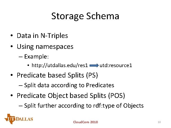 Storage Schema • Data in N-Triples • Using namespaces – Example: • http: //utdallas.